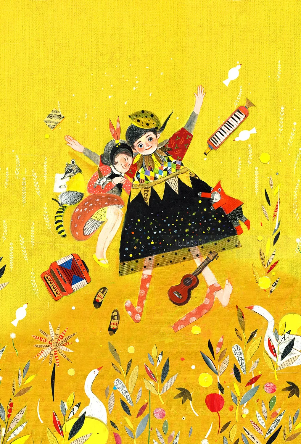 Two children in vibrant costumes dancing with musical instruments on yellow