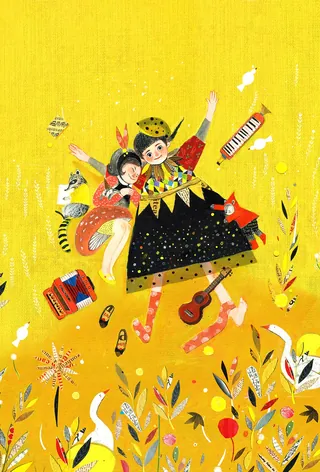 Two children in vibrant costumes dancing with musical instruments on yellow