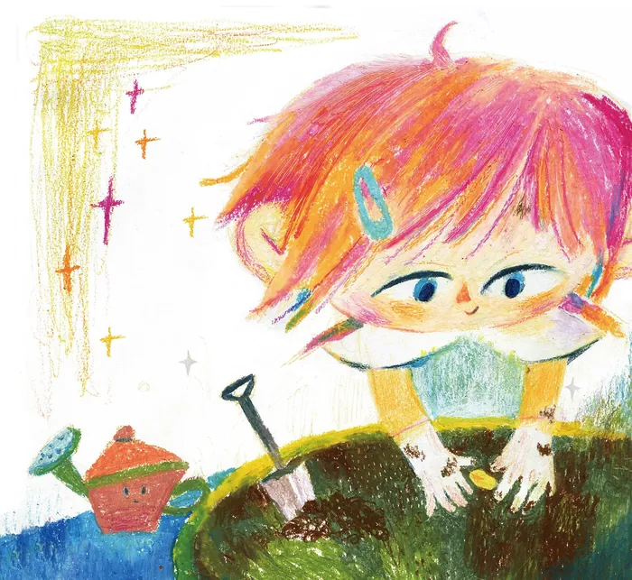 Illustration of a child planting seeds in soil with watering can nearby