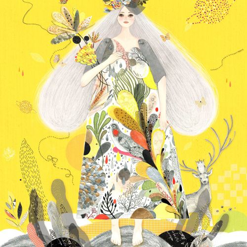 Girl with long hair, colorful dress, birds, and deer on a yellow background