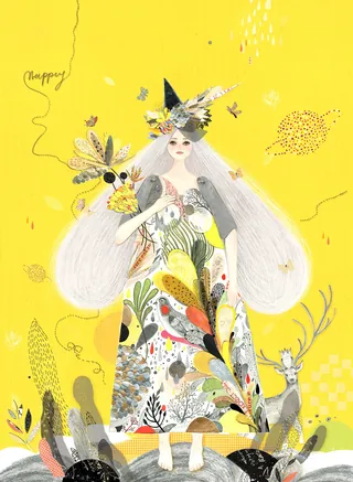 Girl with long hair, colorful dress, birds, and deer on a yellow background