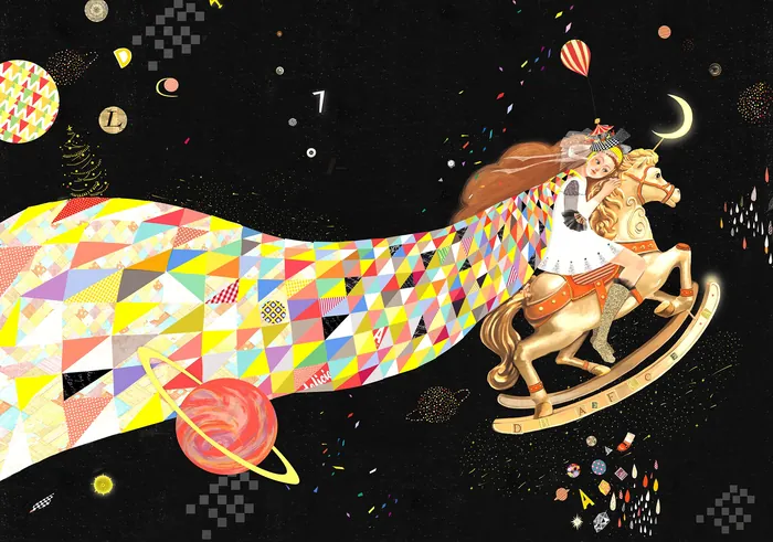 Girl on rocking horse with multicolored cape flying through space illustration