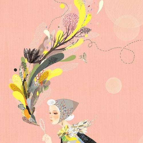 Woman in patterned dress blowing whimsical floral and abstract shapes