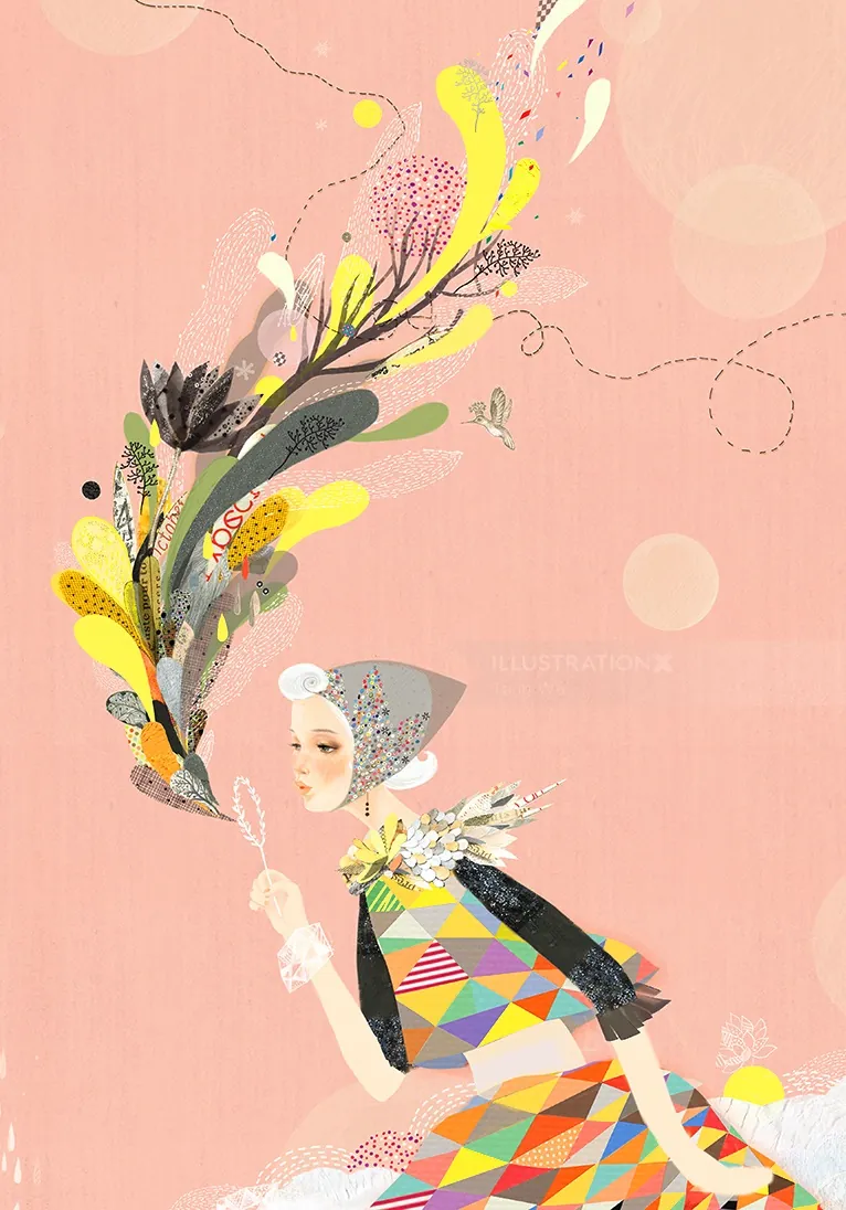 Woman in patterned dress blowing whimsical floral and abstract shapes