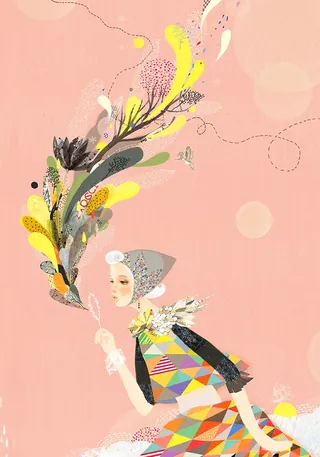 Woman in patterned dress blowing whimsical floral and abstract shapes