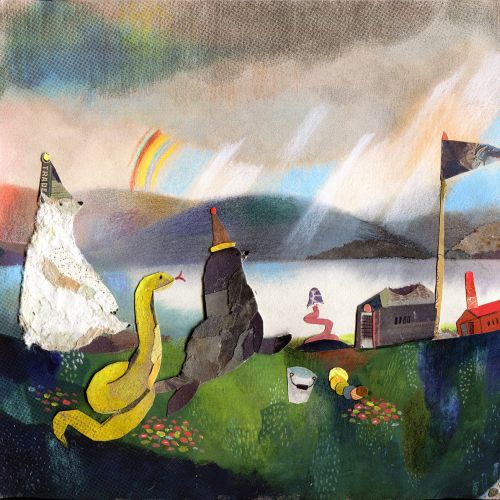 Surreal scene with abstract animals near water under a colorful sky.