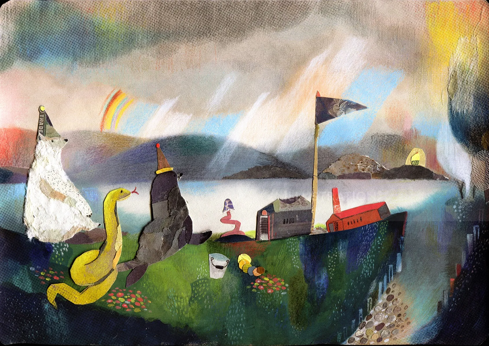 Surreal scene with abstract animals near water under a colorful sky.