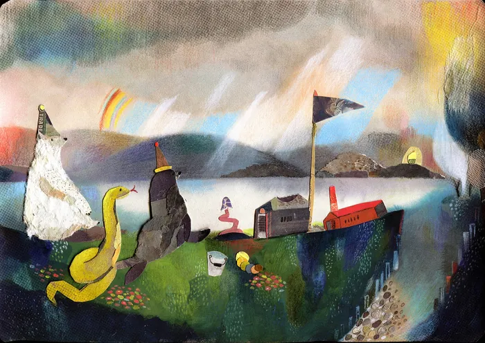 Surreal scene with abstract animals near water under a colorful sky.