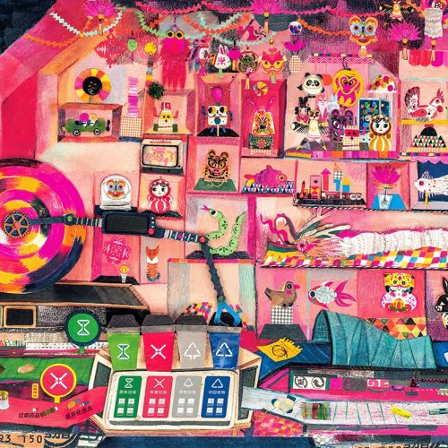 Bright mixed-media collage featuring diverse objects and vivid patterns