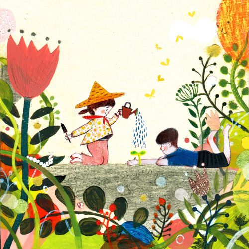 Two children watering plants surrounded by vibrant flowers and greenery