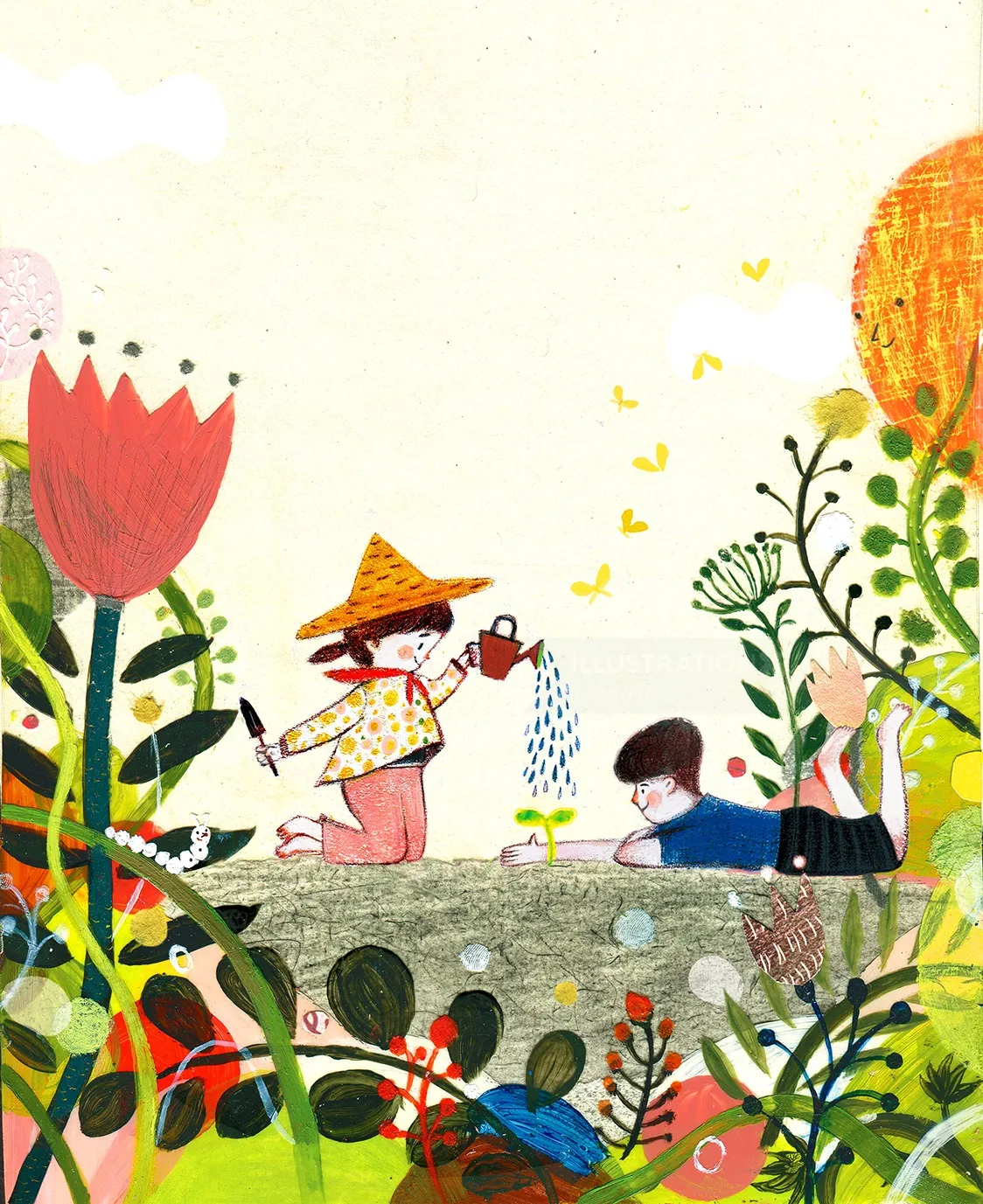 Two children watering plants surrounded by vibrant flowers and greenery