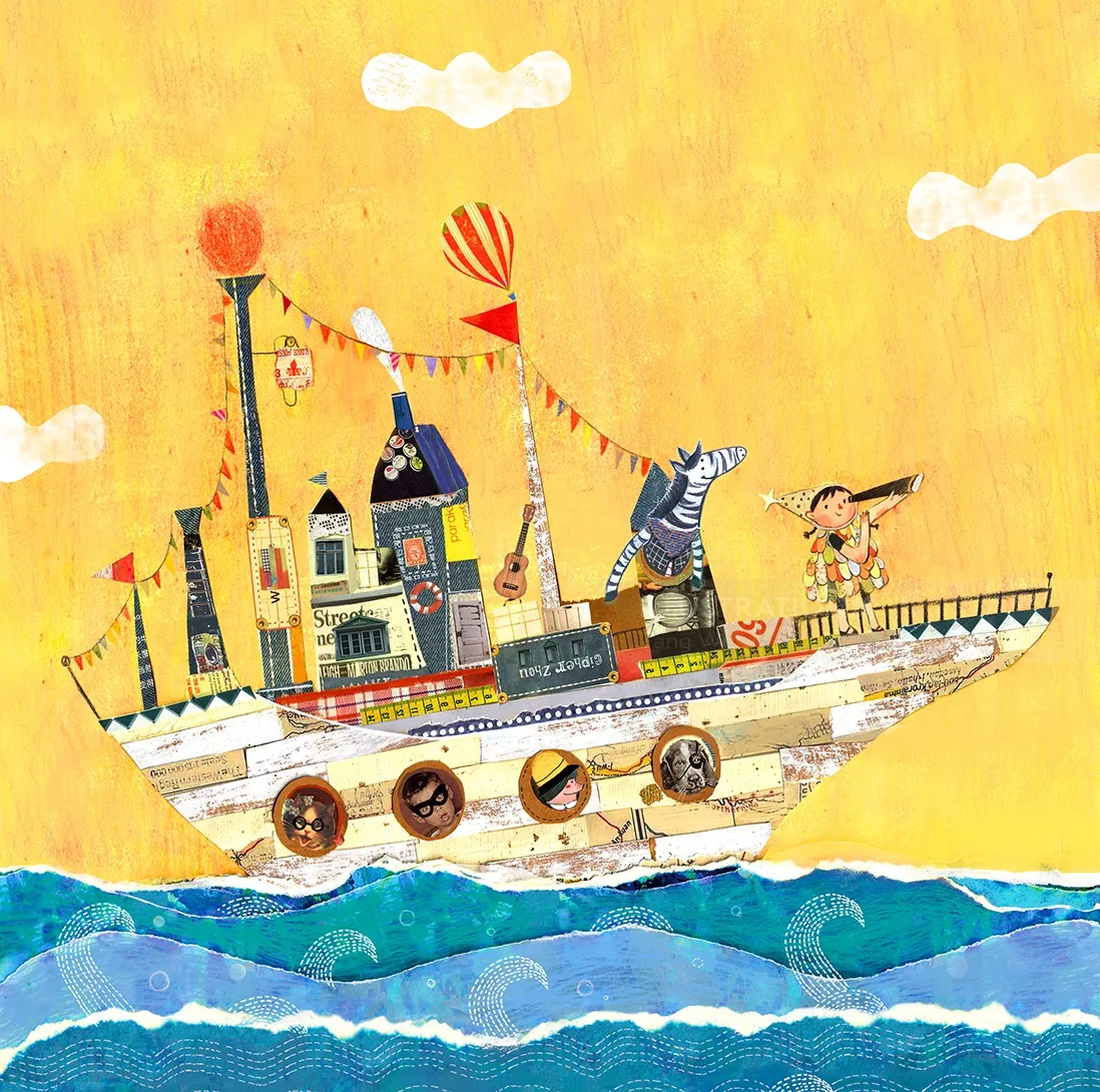 Colorful illustrated ship with children sailing on blue ocean waves