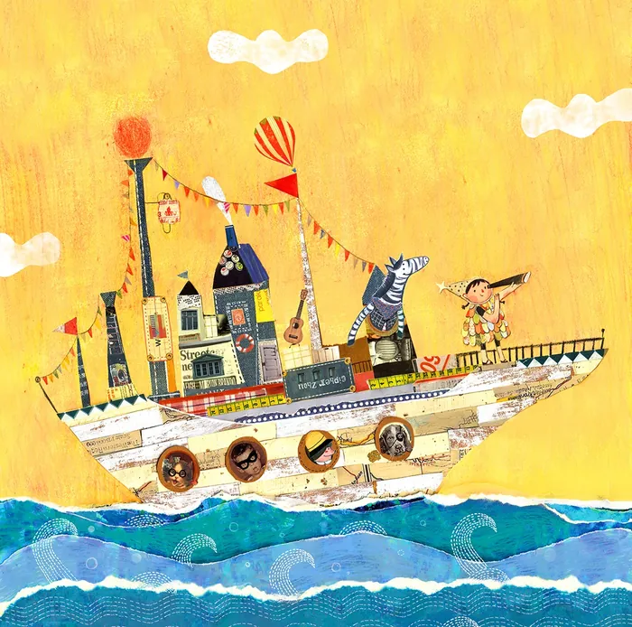 Colorful illustrated ship with children sailing on blue ocean waves