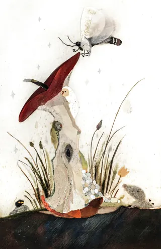 Whimsical village scene with butterfly, mushroom, and plants in soft colors