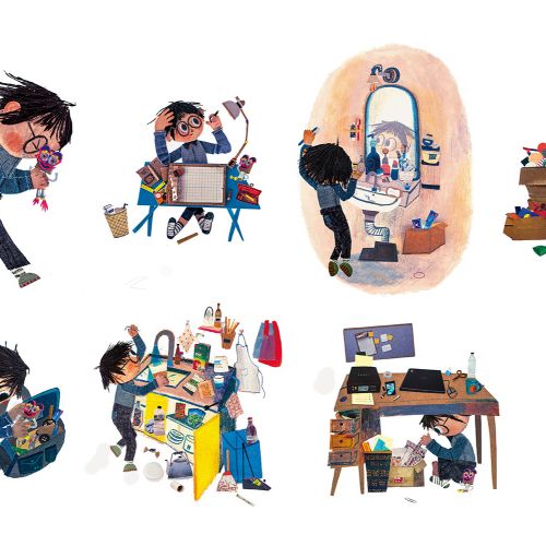 Cartoon character performing various daily activities including shopping and working.