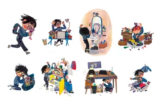 Cartoon character performing various daily activities including shopping and working.