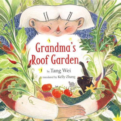 Grandma tending rooftop garden with vegetables and black cat