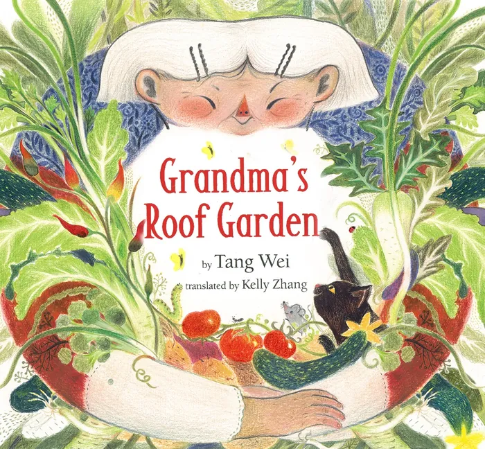 Grandma tending rooftop garden with vegetables and black cat
