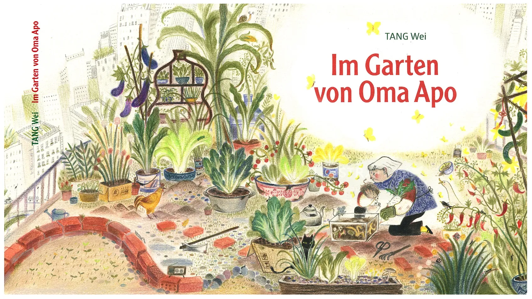 Elderly person tending to plants in a lush garden