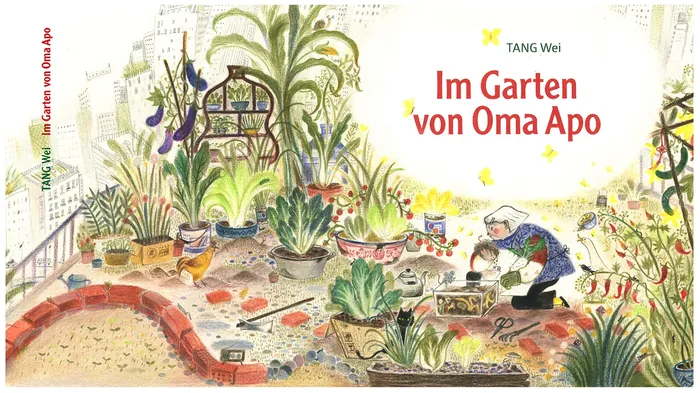 Elderly person tending to plants in a lush garden