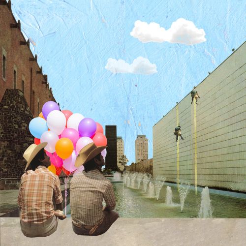 Animation collage of men with balloon
