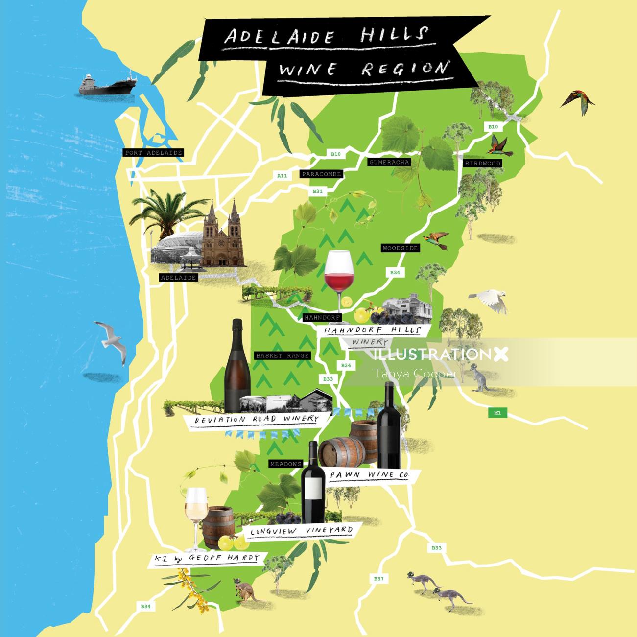 Mapas de región vinícola de Adelaide Hills
