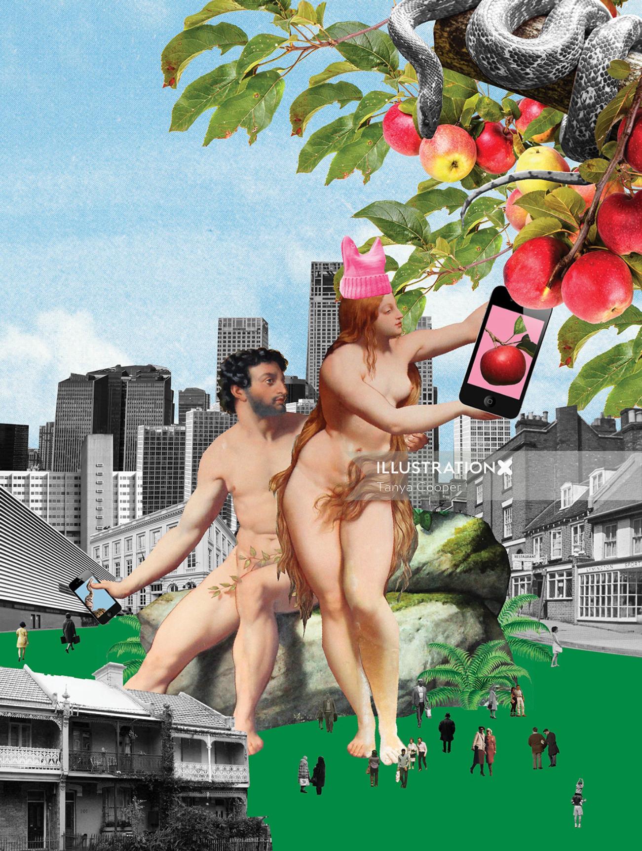 Collage &amp; Montaje Adán y Eva con manzanas