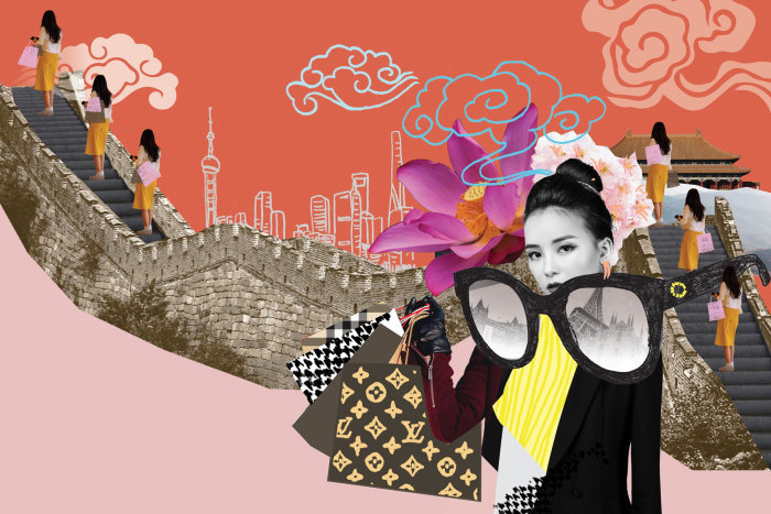 Collage & Montage woman at china wall
