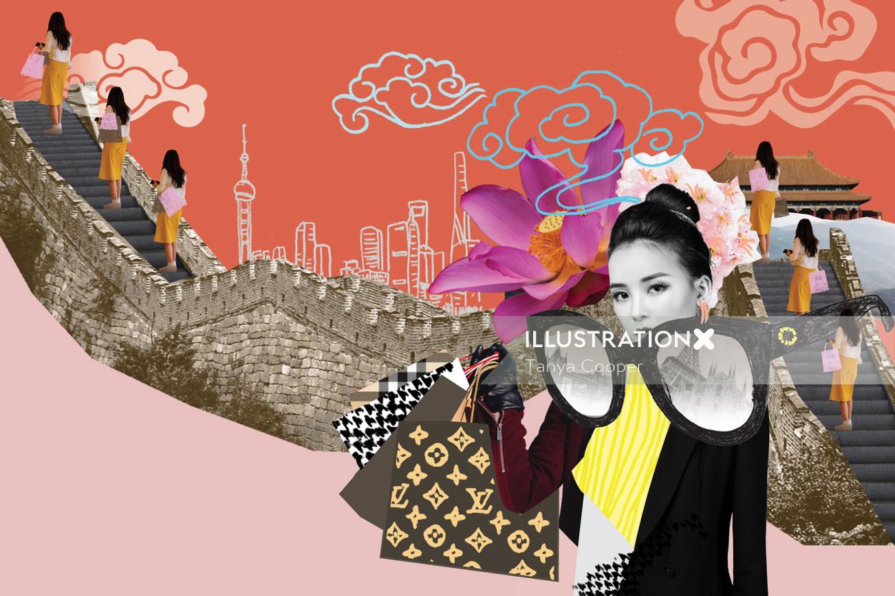 Collage & Montage woman at china wall
