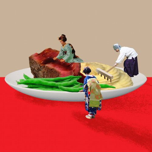 Animation of people slicing food
