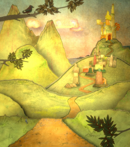 Ilustração da paisagem do conto de fadas com árvores de primeiro plano.