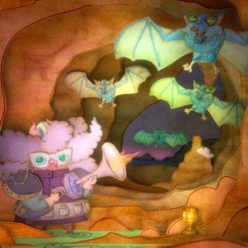 Colored drawing of blood-sucking bats in their cave