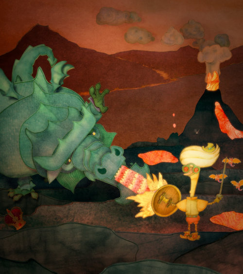 Ilustración de dibujos animados de Dandy y el dragón