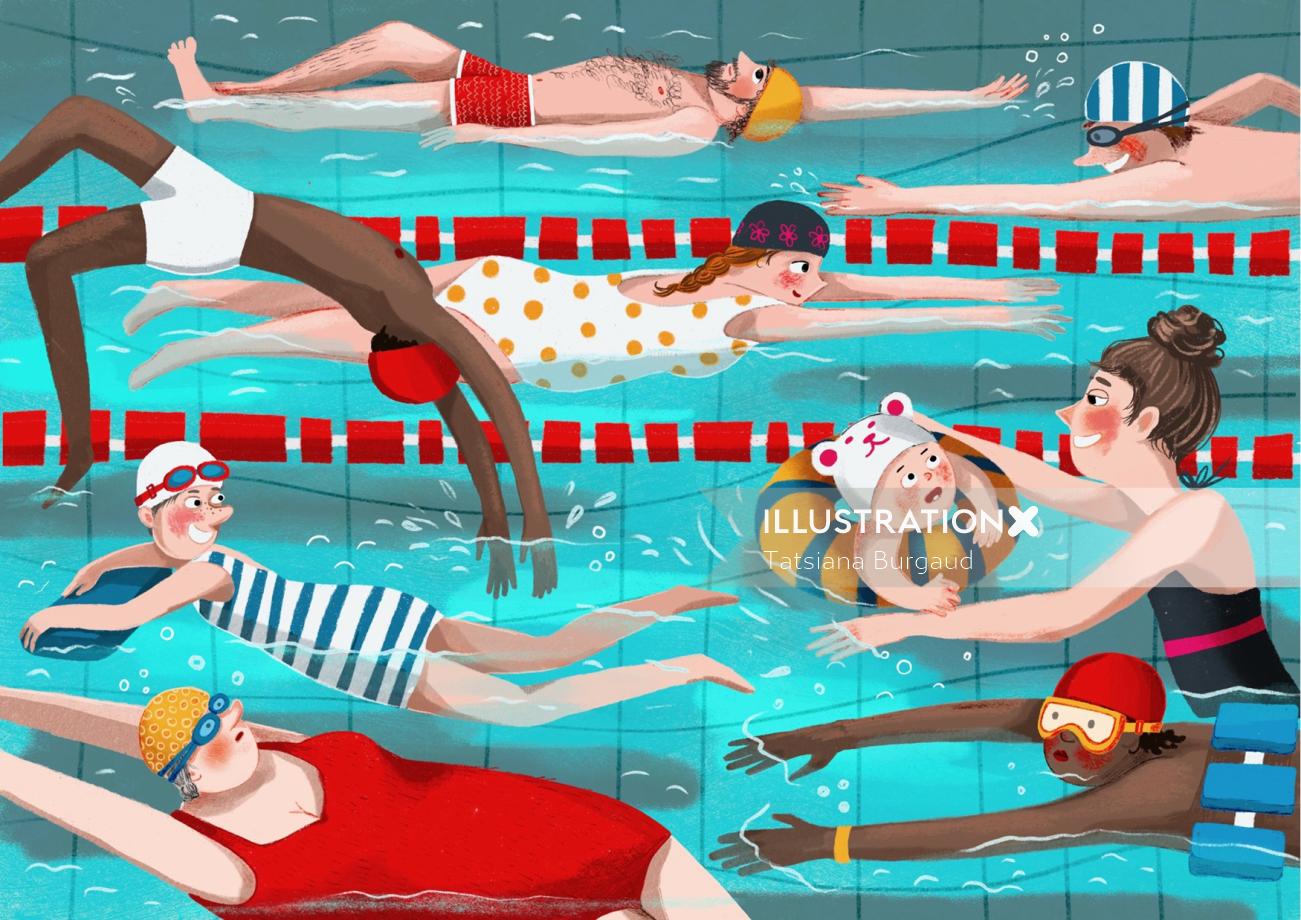 Ilustração editorial de Pessoas na piscina