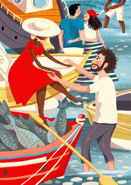 Ilustração contemporânea de casal apaixonado em passeio de barco