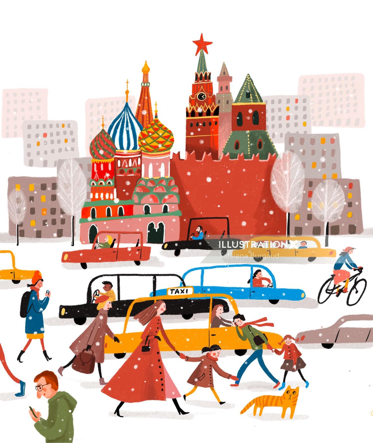 Famoso, multidão, festivo, Moscou, edifícios de arquitetura da cidade de Moscou