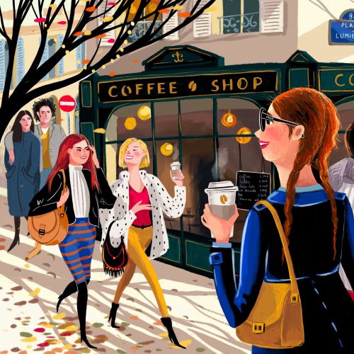 coffee shop, friends, editorial, street, autumn, character, young adult