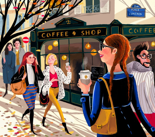 café, copains, éditorial, rue, automne, personnage, jeune adulte