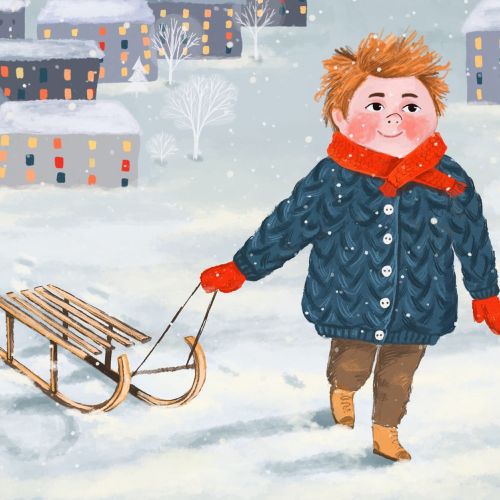 Painting of a boy walking with sledge in Snow