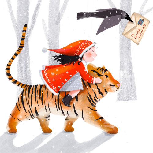 Garota gráfica montando tigre com fantasia de Natal