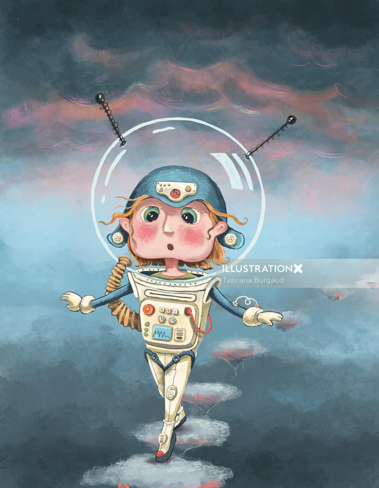 space, astronaut, sky, walk, clouds, girl, child, character