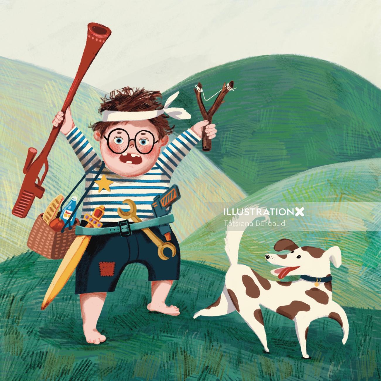 Fearless cartoon boy walking at countryside with Dog