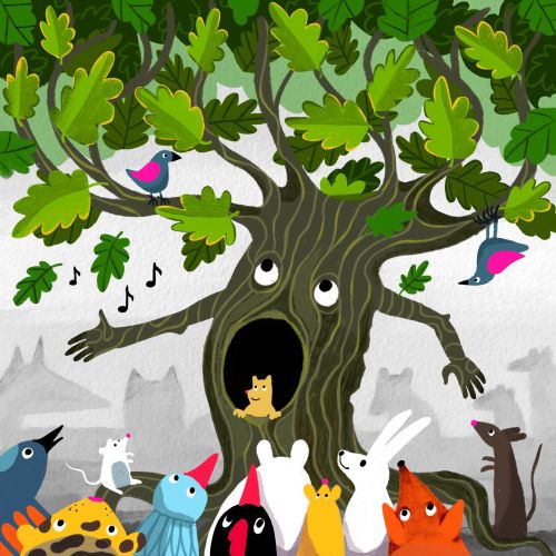 Graphic Oak tree singing in front of wild animals 