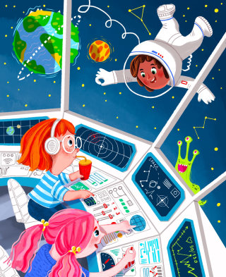 Nave espacial, navegar, extraterrestre, niños, astronáutica, tierra, estrellas, dispositivos electrónicos