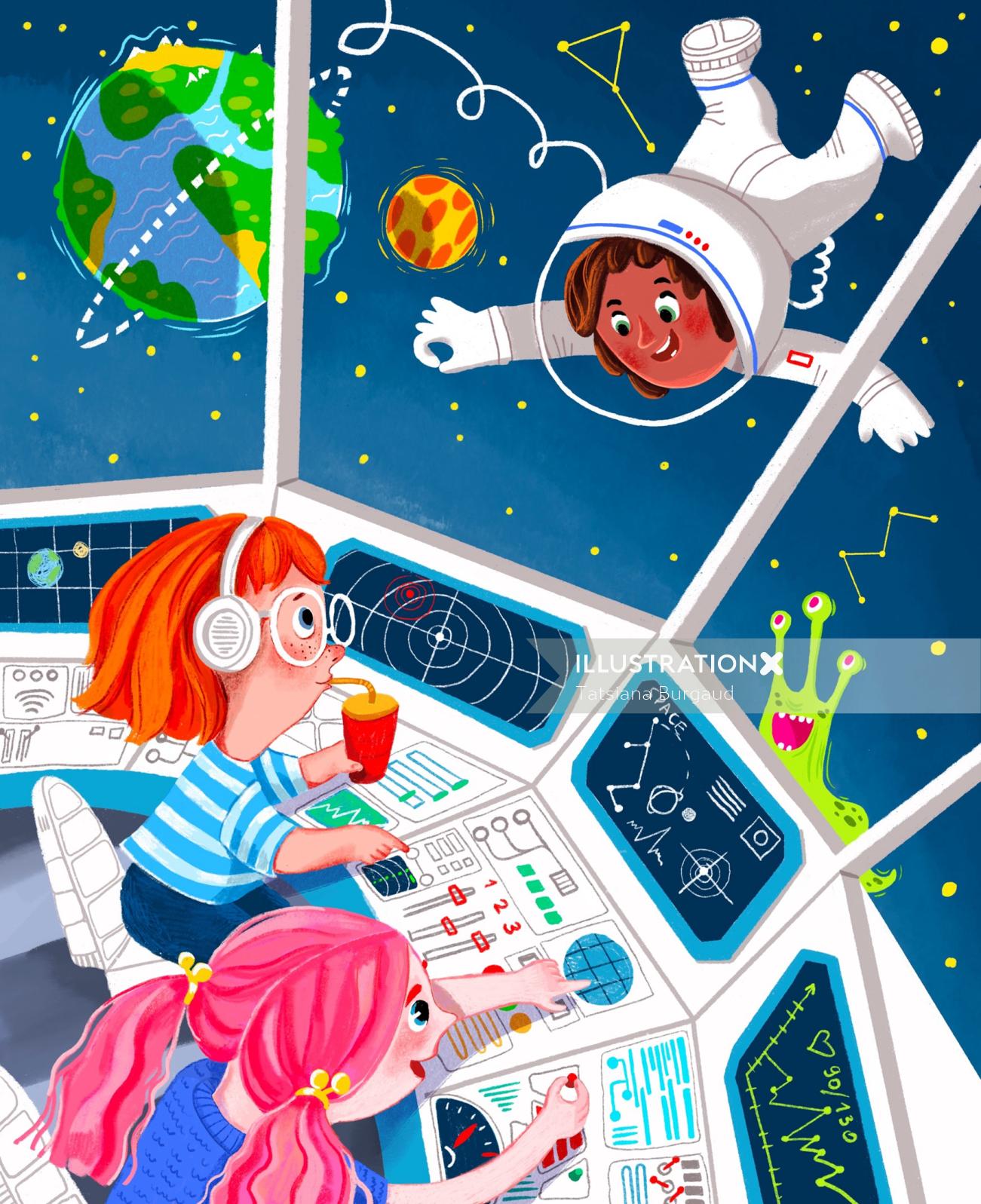 Kids in a spaceship illustration for the book Hello Hello
