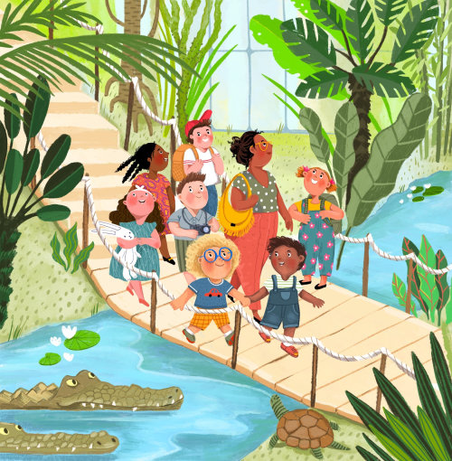 Digital art of children crossing bridge with teach at Botanical Garden
