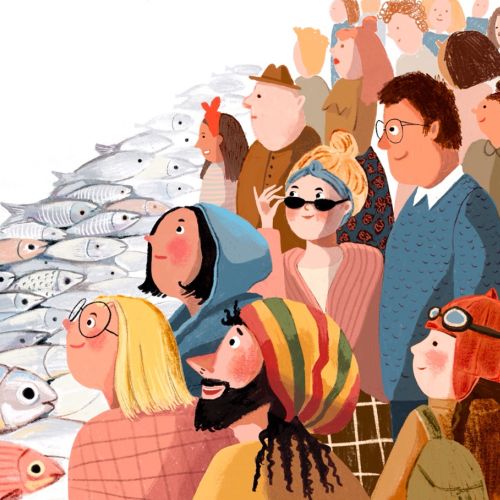 Digital painting of crowd at Fish Stall