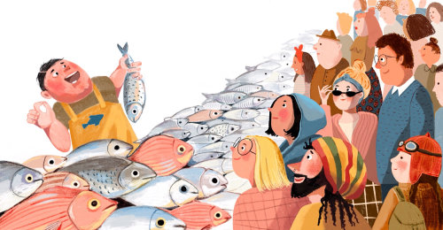 Pintura digital da multidão em Fish Stall