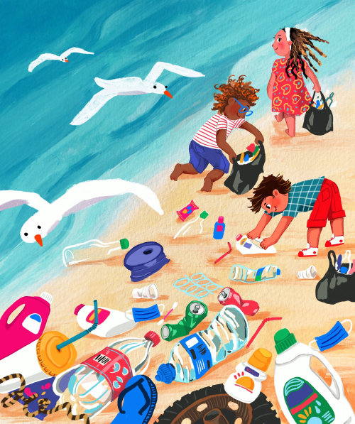 Crianças limpando lixo plástico na praia