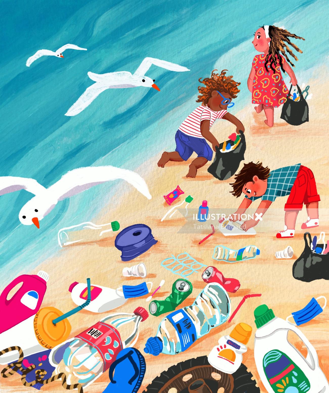Children cleaning plastic waste in beach